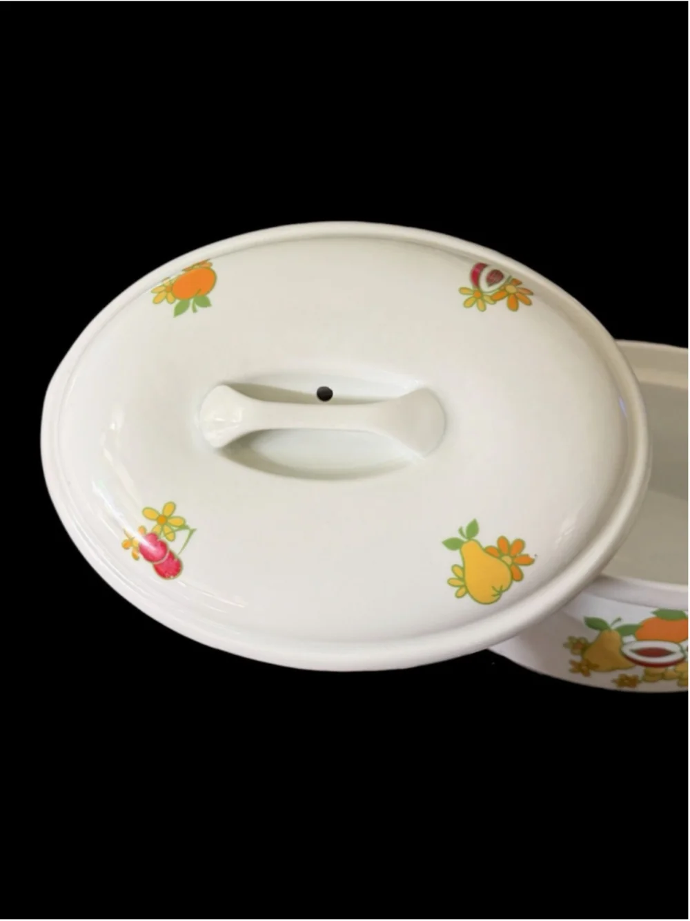 Vintage Cordon Bleu BIA France Lidded Casserole Set Fruit Pattern Stoneware 2pc